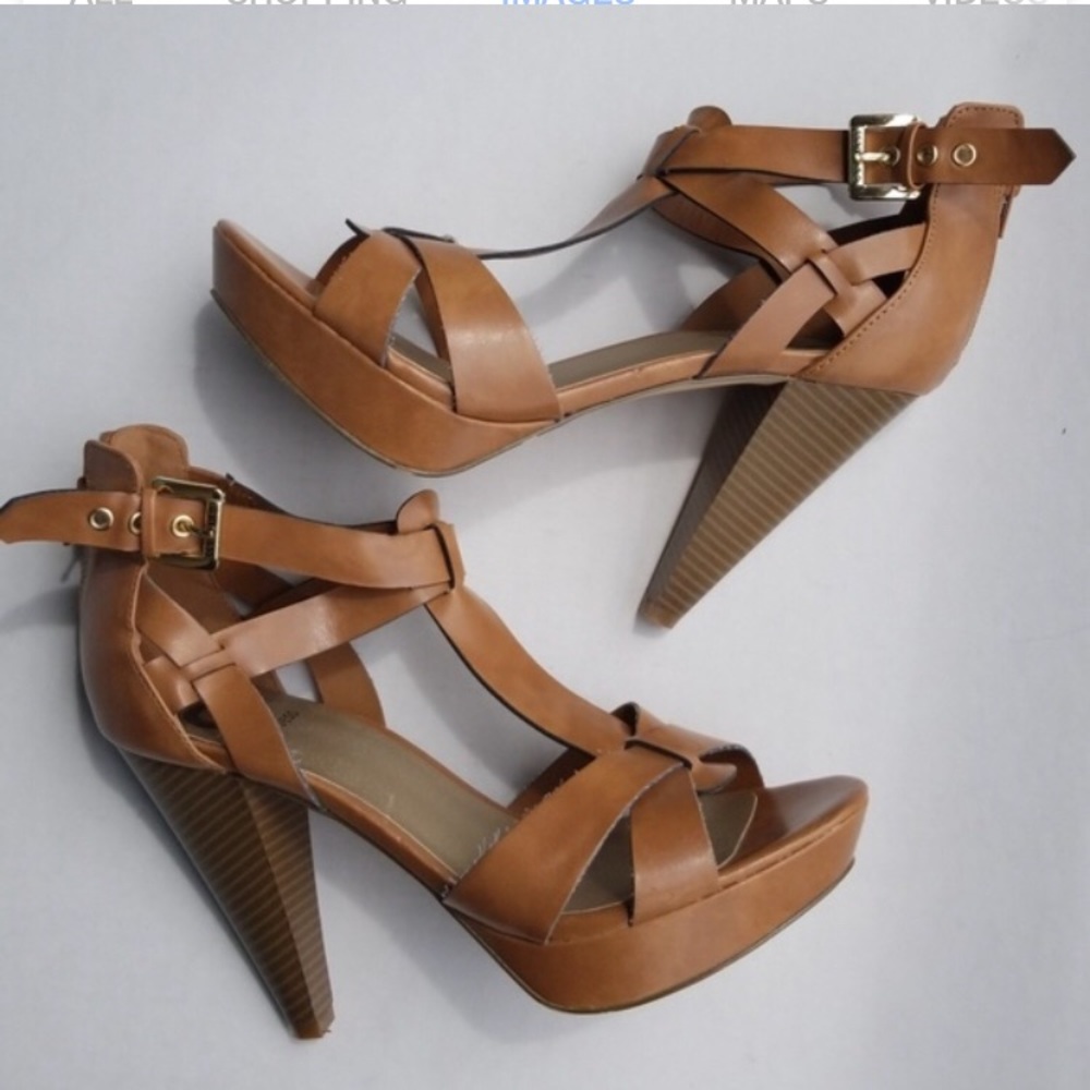 G by Guess tan buckle strap heels